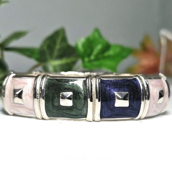 Vtg Geo Glam Enamel Clamper Silver Tone Hinge Bangle Bracelet Green Pink & Blue - Picture 3 of 12